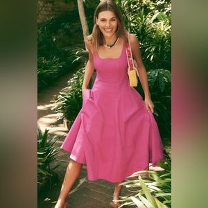 STAUD maxi WELLS dress with corset detail top and full skirt Barbie pink